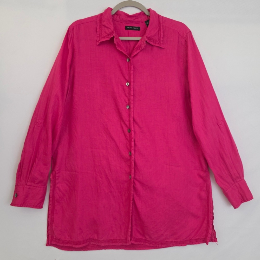 Valerie Stevens Pink 100% Linen‎ Button Down Tunic Shirt Coastal Chic Size Large
